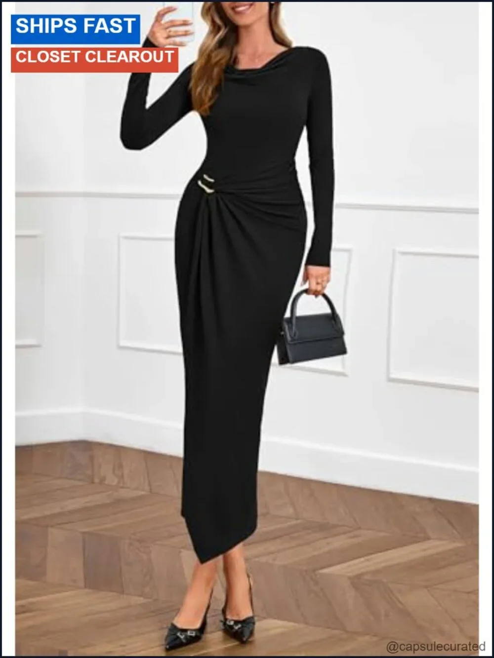 Womens Cowl Neck Long Sleeve Bodycon Midi Dress Ruched Formal Cocktail